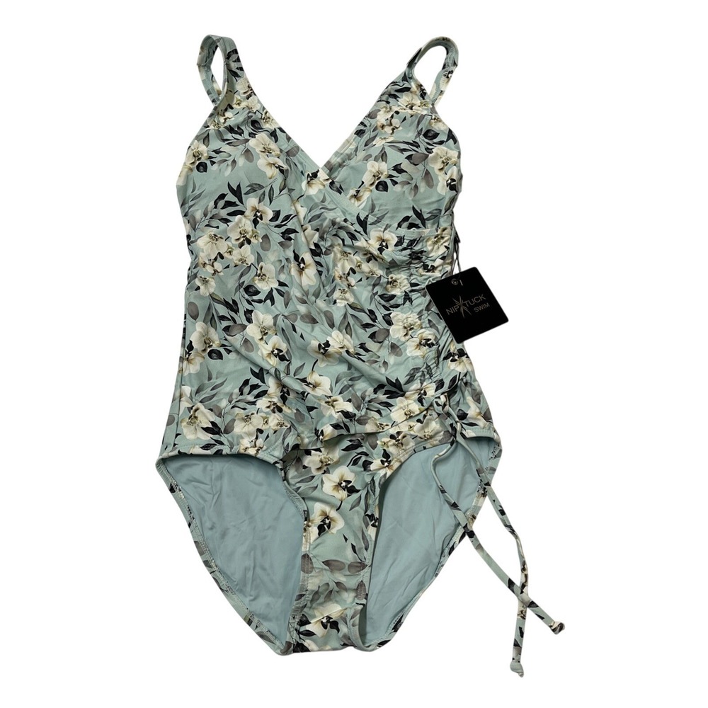 Nip Tuck Swimsuit Aqua Floral Crossover One Piece Size 6 Slimming Ruched Side